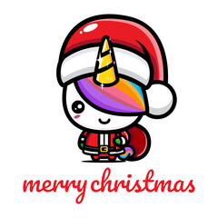cute unicorn character design celebrating christmas wearing santa claus costume
