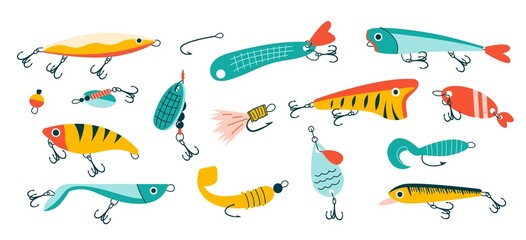 Doodle fishing lure. Abstract contemporary fishery baits of different sizes and shapes for angler. Colored hand drawn fisher accessories with hooks. Vector isolated plastic wobblers set