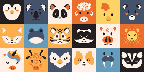 Animal portraits. Wild and domestic creature avatars. Minimalistic penguin, toad and panda heads. Koala, sheep or chick faces. Fluffy fox, tiger and raccoon. Vector birds and mammals set © SpicyTruffel