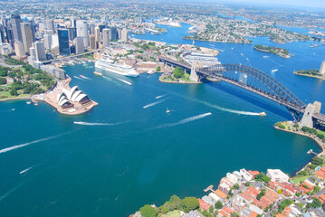 Aerial view of Sydney Harbour Bridge and Opera house surrounded by water