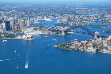 Aerial view of Sydney Harbour Bridge and Opera house surrounded by water