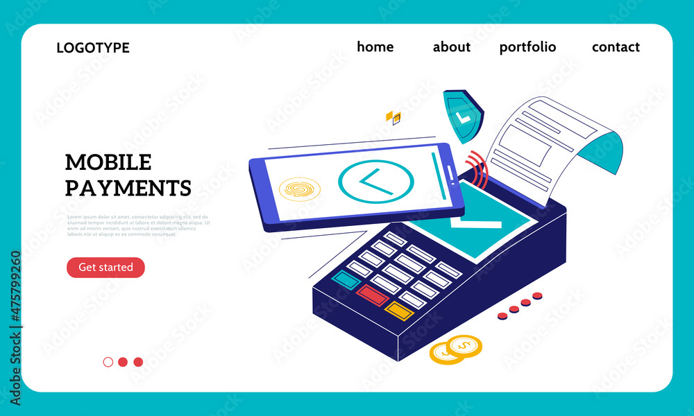 Poster mobile wallet landing page. money transfer and smartphone pos terminal payment operation. online cre
