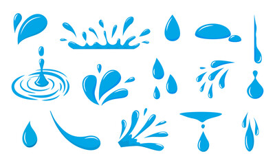 Fototapeta na wymiar Water drop icon. Blue raindrop and droplet logo. Graphic drip and oil splash. Liquid falling dew and fluid splatter. Pure fresh drink. Clean aqua elements. Vector dripping blobs set