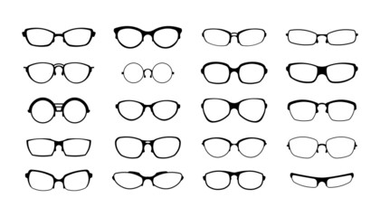 Rim glasses. Black silhouette of spectacles plastic lens frame design. Vintage eyewear style. Eyes care. Optic accessories collection. Vector vision protection retro eyeglasses set