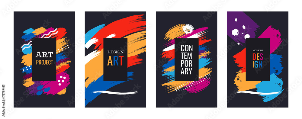Aufkleber Brush abstract posters. Paint stains and blobs frames with text. Music and art graphic banner. Bright brushstrokes and minimalistic lines or dots. Vector contemporary brochures set