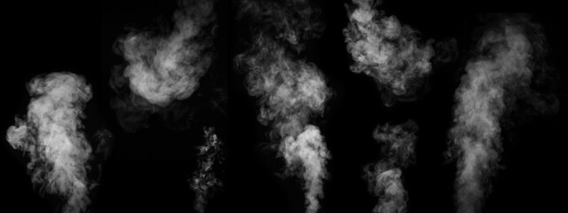 White smoke collection on black background. Fog or smoke set isolated on black background. White...