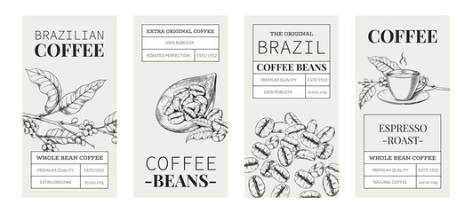 Coffee label. Arabica drink badge with hand drawn graphic of plant and beans. Pour over brewer and French press. Packaging design with place for text. Vector caffeine product stickers set