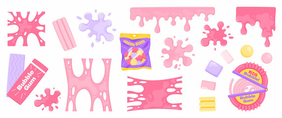 Bubble gum splashes. Cartoon chewing candy pink splatters. Stain and sticky stretching bubblegum shapes. Gummy stripe and sweet dragees. Liquid borders. Chewy spots. Vector blots set - obrazy, fototapety, plakaty