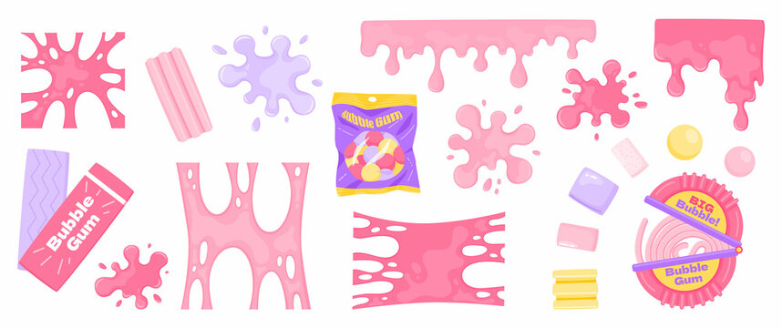 Bubble gum splashes. Cartoon chewing candy pink splatters. Stain and sticky stretching bubblegum shapes. Gummy stripe and sweet dragees. Liquid borders. Chewy spots. Vector blots set