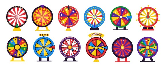 Fortune wheel. Spin casino game. Lottery lucky winner gaming turn with colored circles and arrows. Betting or roulette playing. Vector chance and prize rotating gambling equipment set