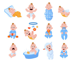 New born baby. Cartoon toddler boy and girl characters laughing and crying. Sleeping or playing little kids. Infants with diapers and pacifiers. Human age. Vector cute cheerful children