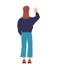 Cartoon girl in jeans standing with her back. Teenager in casual clothing. Young woman raising hand. Backside view on person greeting waving arm. Vector female character in sweater