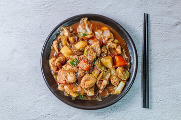 Andongjjimdak, Andong-style spicy stewed chicken : Originally from the Andong region, this dish consists of chicken, chili peppers, potatoes, clear noodles, leeks and carrots braised in a spicy sauce 