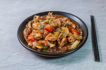 Andongjjimdak, Andong-style spicy stewed chicken : Originally from the Andong region, this dish consists of chicken, chili peppers, potatoes, clear noodles, leeks and carrots braised in a spicy sauce 
