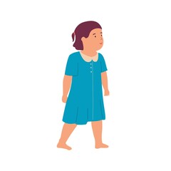 Cute small doodle girl. Cartoon baby in blue dress. Barefoot walking kid. Happy character playing in kindergarten. Smiling preschool child. Human age development. Vector illustration