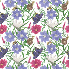 Watercolor painting seamless pattern with butterfly, dragonfly, bee, snail and beautiful summer flowers. Botanical illustration © ramiia