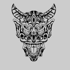 Hand drawn black and white tattoos artwork devil satan mask oni demon horn vector Illustration