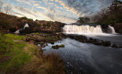 Fototapeta na wymiar Beautiful morning nature scenery of Aesleagh falls on river Erriff in County Mayo, Ireland 