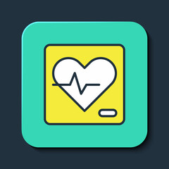 Filled outline Heart rate icon isolated on blue background. Heartbeat sign. Heart pulse icon. Cardiogram icon. Turquoise square button. Vector