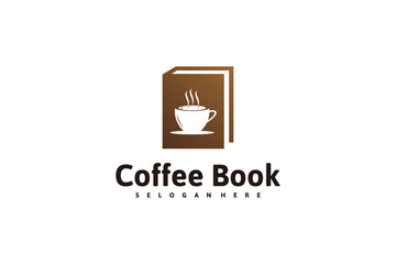 book logo design inspiration with a cup of coffee logo design.