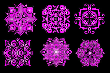 Set of round gradient mandala on black background. Vector hipster mandala in red, yellow, white, pink violet colors. Mandala with floral patterns. Yoga template.