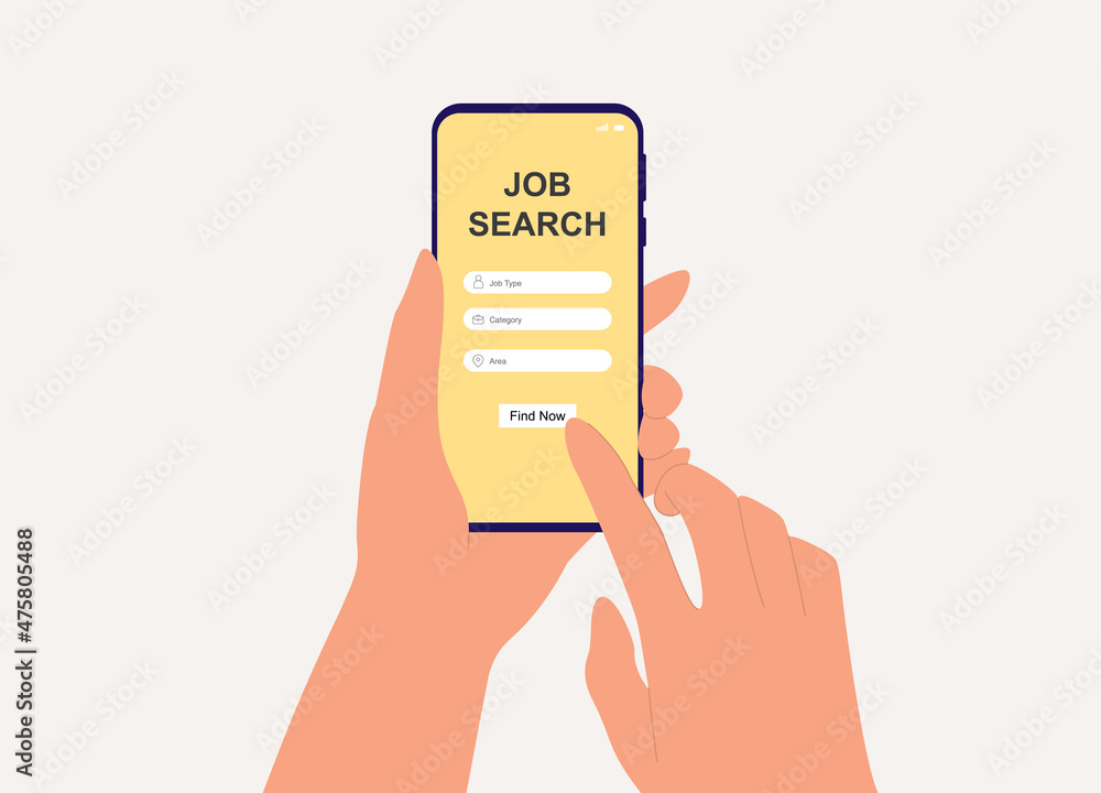 Poster close-up view of a user's hand with mobile phone finding job online.