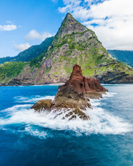 Scenic shot of the Estreito da Calheta in Madeira, Portugal, with the sea and cliff views - obrazy, fototapety, plakaty