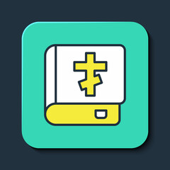 Filled outline Holy bible book icon isolated on blue background. Turquoise square button. Vector