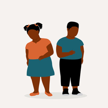 Obesity Black Boy And Girl Standing.