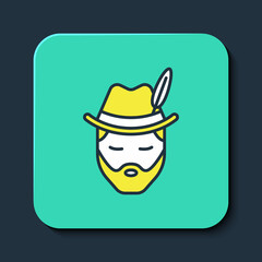 Filled outline Man dressed for German Oktoberfest icon isolated on blue background. Turquoise square button. Vector