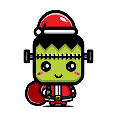 Fototapeta premium cute monster cartoon character design celebrating christmas wearing santa claus hat