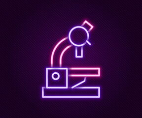 Glowing neon line Microscope icon isolated on black background. Chemistry, pharmaceutical instrument, microbiology magnifying tool. Colorful outline concept. Vector