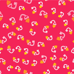 Line Shower head with water drops flowing icon isolated seamless pattern on red background. Vector