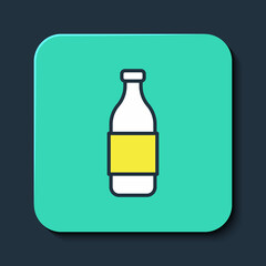 Filled outline Bottle of wine icon isolated on blue background. Turquoise square button. Vector