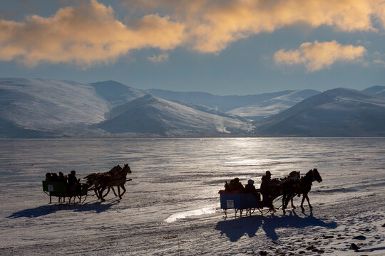 Sleigh pulled by a horse in lake frozen Cildir. Traditional Turkish winter fun. Cildir Lake , Kars , Turkey