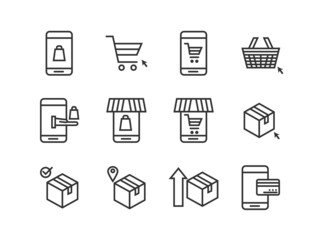 Set of online shopping icons. Thin line icons such as shopping, cart box post, mobile and credit card, e-commerce. Editable stroke. Pixel perfect 64x64 For web and mobile.