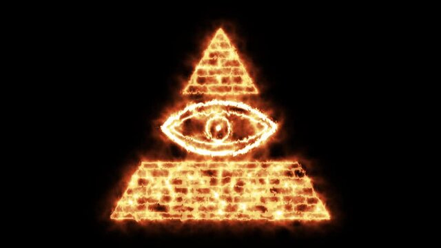 Neon Eye symbol, an eye surrounded by magical firelight in a brick triangle. An eye watching over all. Loop.