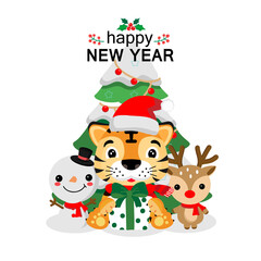 Merry Christmas greeting card with deer, snowman and tiger.