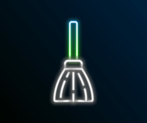 Obraz premium Glowing neon line Handle broom icon isolated on black background. Cleaning service concept. Colorful outline concept. Vector