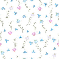 Seamless pattern for wallpaper, textile. Hand-drawn cute wildflowers on a white background. 