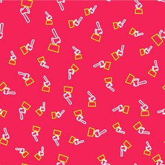 Line Wooden axe in stump icon isolated seamless pattern on red background. Lumberjack axe. Axe stuck in wood. Chopping wood. Vector