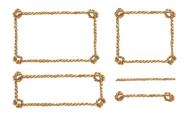 Set of Brown rope frame with knots. Isolated on white background. Watercolor illustration. © Khaneeros