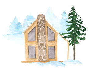 Naklejka premium Cabin, pine tree, and snow isolated on a white background. Watercolor 2 floors building, green snd blue trees concept. Facade of a modern house and landscape scene objects.