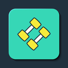 Filled outline Dumbbell icon isolated on blue background. Muscle lifting, fitness barbell, sports equipment. Turquoise square button. Vector