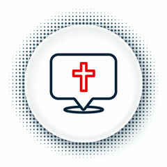 Obraz premium Line Map pin church building icon isolated on white background. Christian Church. Religion of church. Colorful outline concept. Vector