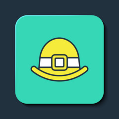 Filled outline Leprechaun hat icon isolated on blue background. Happy Saint Patricks day. National Irish holiday. Turquoise square button. Vector