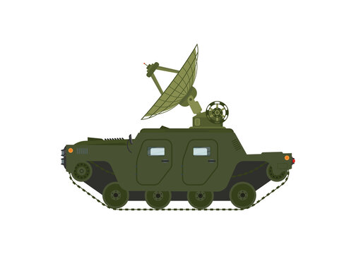 Military truck. Army transport with antenna. Modern appliances in protective green color. Radar and detection system. Scanning and recognition. Cartoon illustration