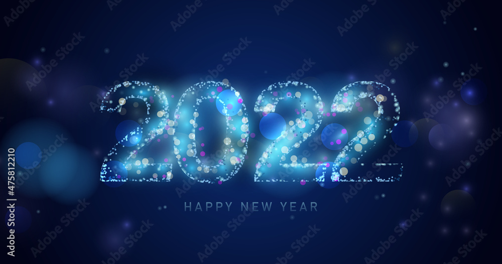 Poster Happy New Year 2022. Abstract light sparking in 2022 shape on bokeh background