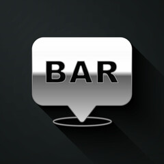 Silver Alcohol or beer bar location icon isolated on black background. Symbol of drinking, pub, club, bar. Long shadow style. Vector