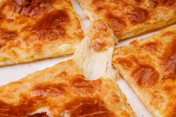 Traditional eastern Georgian cheese tortilla close-up. Khachapuri slices